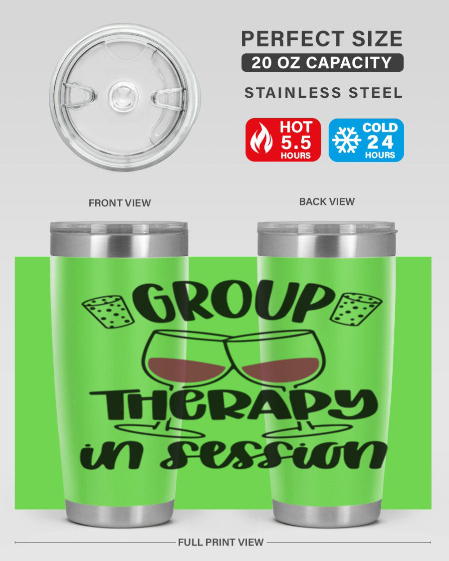 Group Therapy in Session 20oz Tumbler made of stainless steel with a copper lining, featuring a drink-thru lid, ideal for hot and cold beverages.
