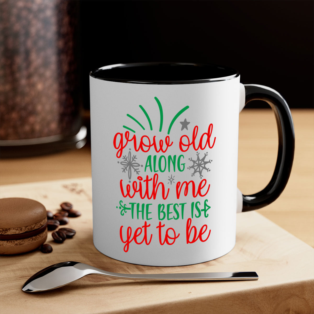 Grow Old Along With Me Style 242# Christmas Mug with a glossy finish, featuring a colored handle and interior, available in multiple colors.