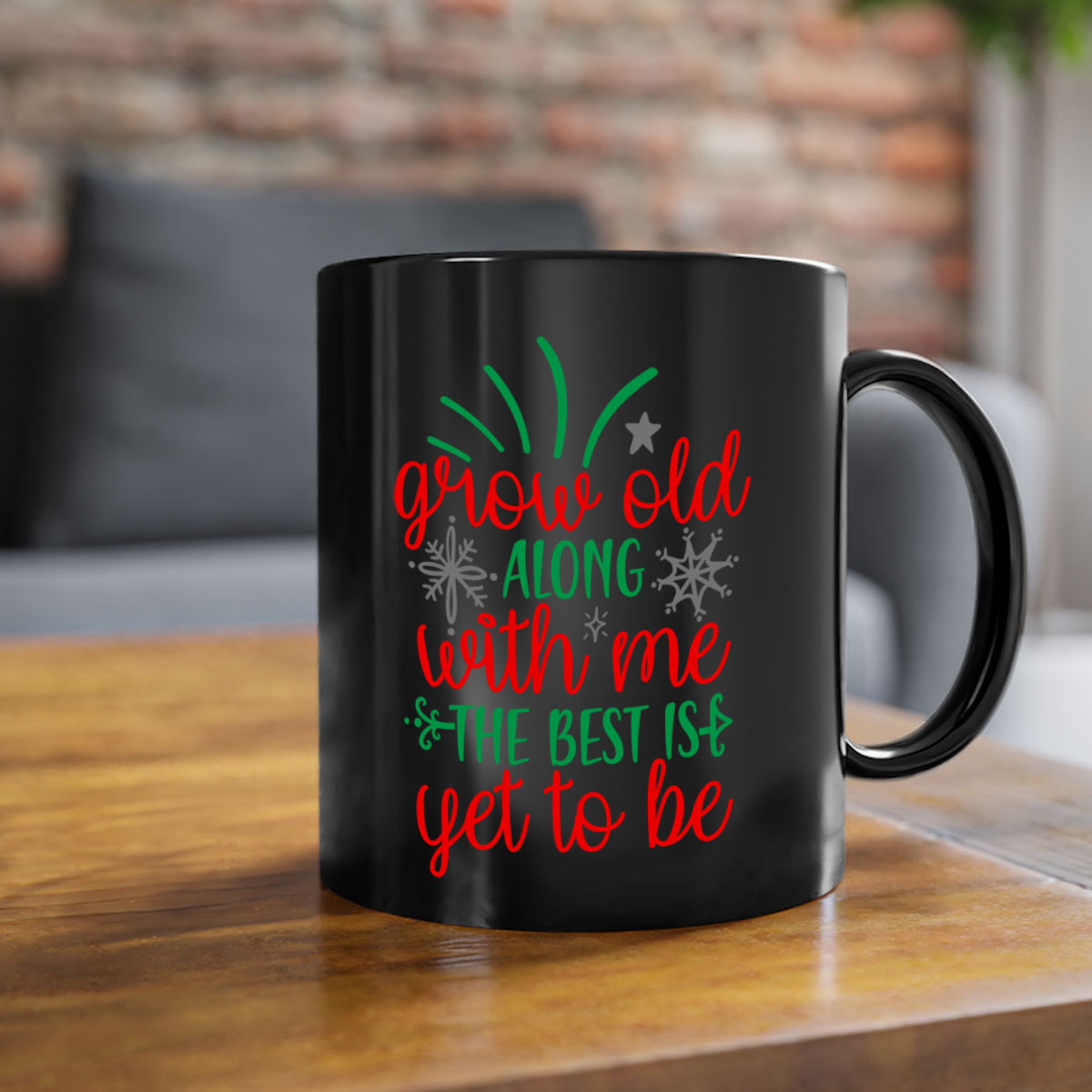 Grow Old Along With Me Style 242# Christmas Mug with a glossy finish, featuring a colored handle and interior, available in multiple colors.