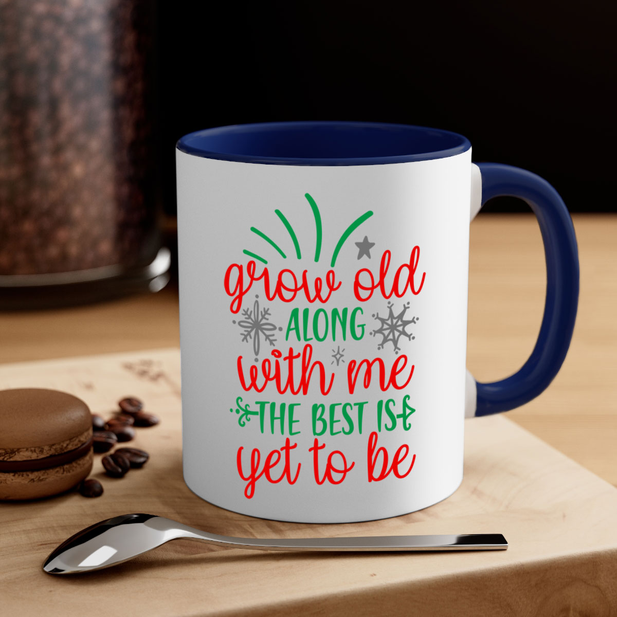 Grow Old Along With Me Style 242# Christmas Mug with a glossy finish, featuring a colored handle and interior, available in multiple colors.