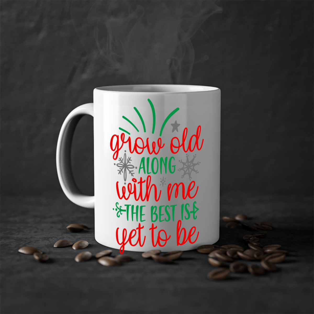Grow Old Along With Me Style 242# Christmas Mug with a glossy finish, featuring a colored handle and interior, available in multiple colors.
