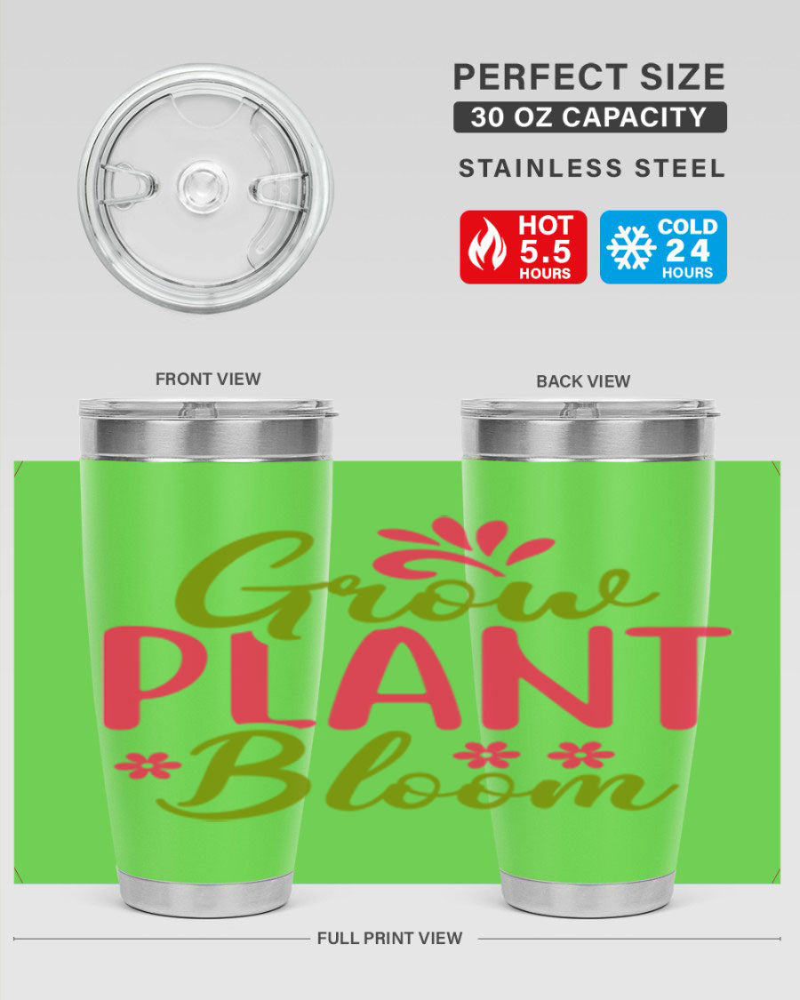 Grow Plant Bloom 149# 20oz Tumbler in stainless steel with a vibrant design, featuring a press-in lid and double wall vacuum insulation.