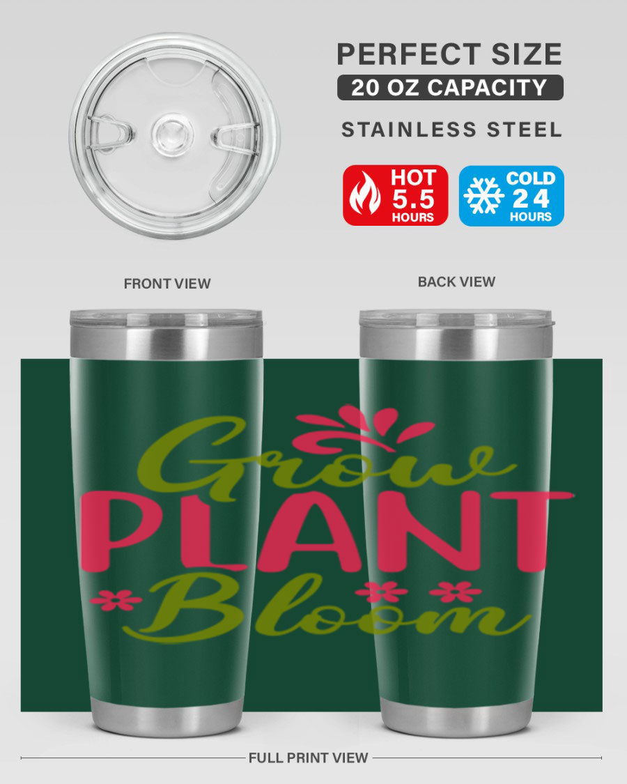 Grow Plant Bloom 149# 20oz Tumbler in stainless steel with a vibrant design, featuring a press-in lid and double wall vacuum insulation.