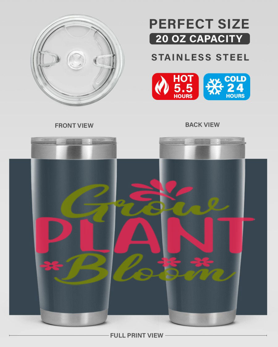Grow Plant Bloom 149# 20oz Tumbler in stainless steel with a vibrant design, featuring a press-in lid and double wall vacuum insulation.