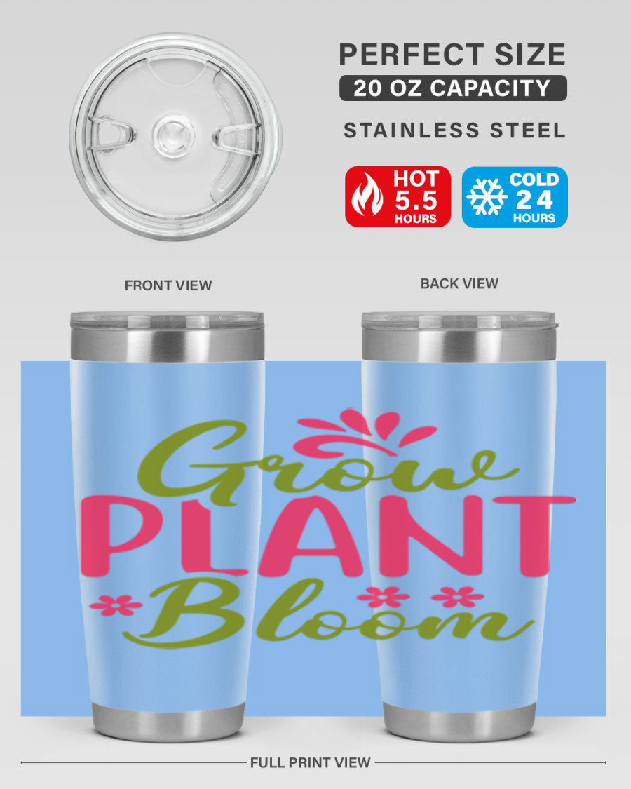 Grow Plant Bloom 149# 20oz Tumbler in stainless steel with a vibrant design, featuring a press-in lid and double wall vacuum insulation.