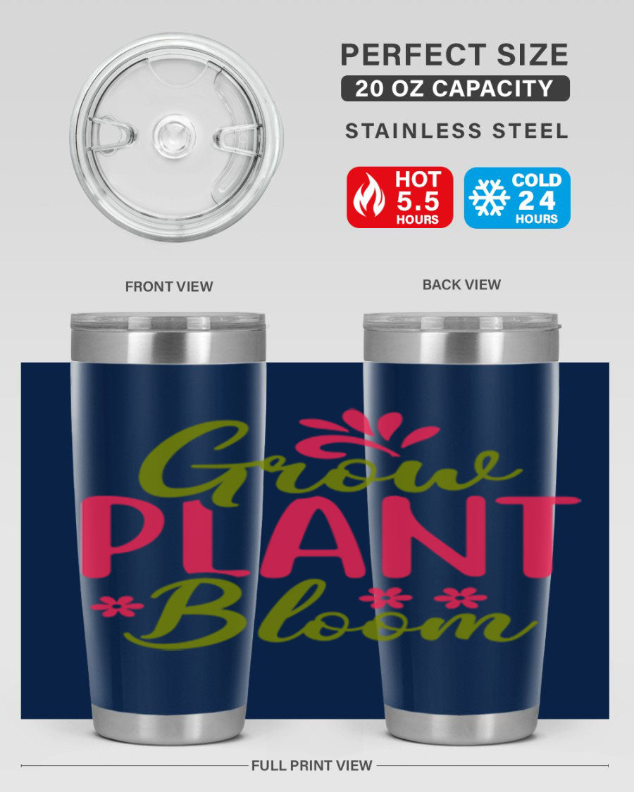 Grow Plant Bloom 149# 20oz Tumbler in stainless steel with a vibrant design, featuring a press-in lid and double wall vacuum insulation.