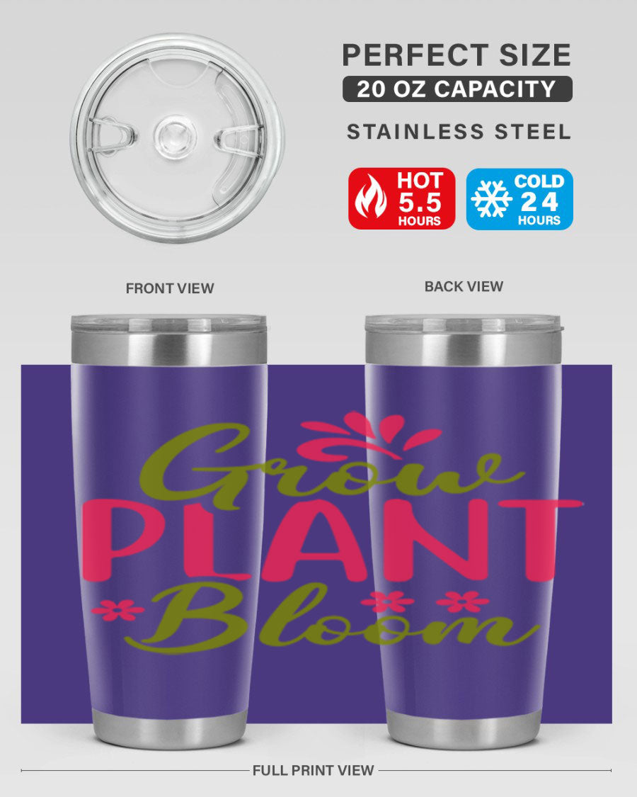Grow Plant Bloom 149# 20oz Tumbler in stainless steel with a vibrant design, featuring a press-in lid and double wall vacuum insulation.