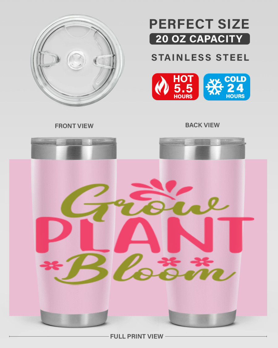Grow Plant Bloom 149# 20oz Tumbler in stainless steel with a vibrant design, featuring a press-in lid and double wall vacuum insulation.