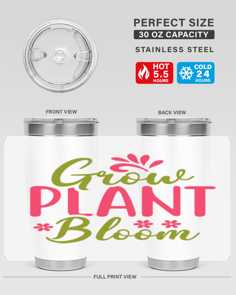 Grow Plant Bloom 149# 20oz Tumbler in stainless steel with a vibrant design, featuring a press-in lid and double wall vacuum insulation.