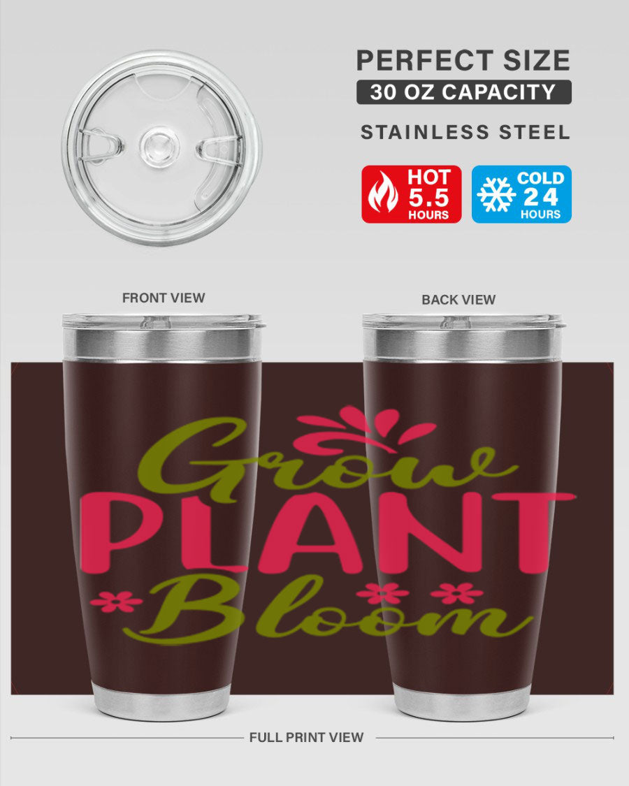 Grow Plant Bloom 149# 20oz Tumbler in stainless steel with a vibrant design, featuring a press-in lid and double wall vacuum insulation.