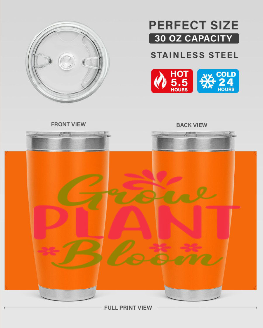 Grow Plant Bloom 149# 20oz Tumbler in stainless steel with a vibrant design, featuring a press-in lid and double wall vacuum insulation.