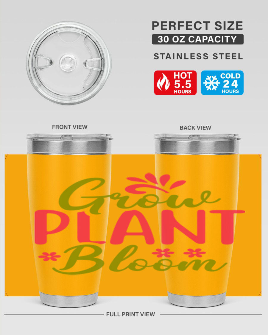 Grow Plant Bloom 149# 20oz Tumbler in stainless steel with a vibrant design, featuring a press-in lid and double wall vacuum insulation.