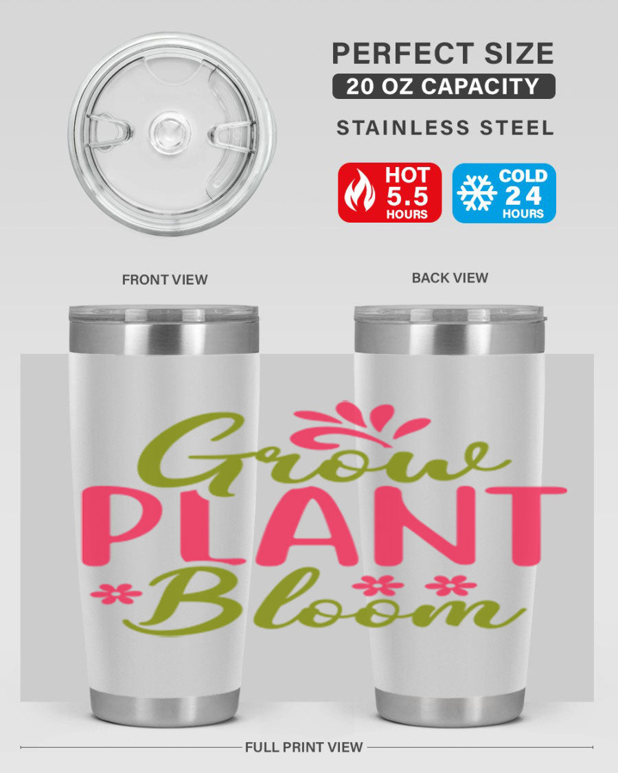 Grow Plant Bloom 149# 20oz Tumbler in stainless steel with a vibrant design, featuring a press-in lid and double wall vacuum insulation.