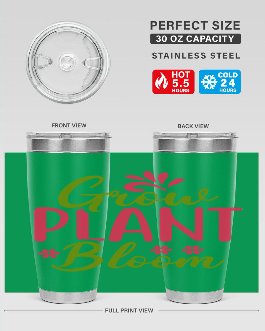 Grow Plant Bloom 149# 20oz Tumbler in stainless steel with a vibrant design, featuring a press-in lid and double wall vacuum insulation.