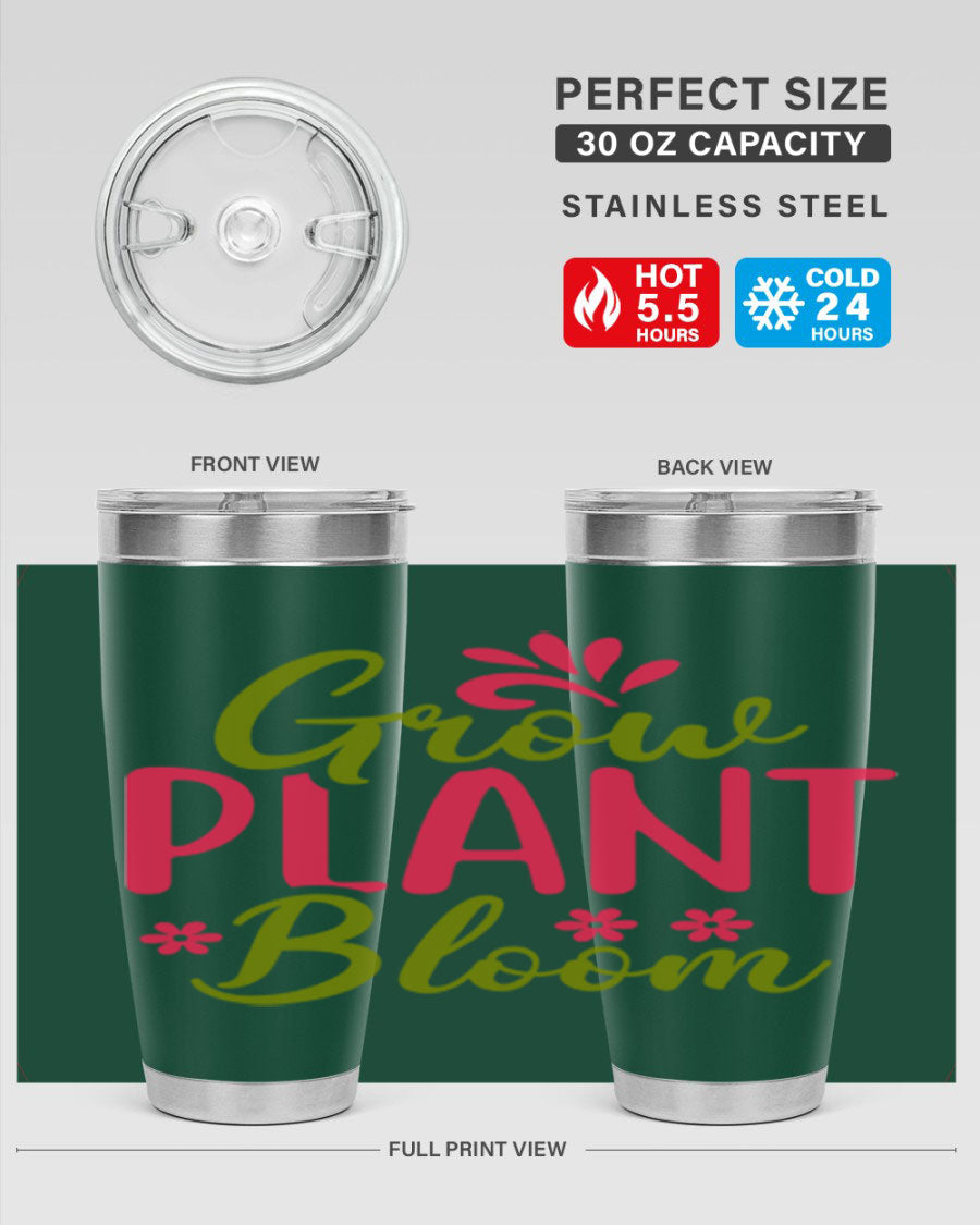 Grow Plant Bloom 149# 20oz Tumbler in stainless steel with a vibrant design, featuring a press-in lid and double wall vacuum insulation.