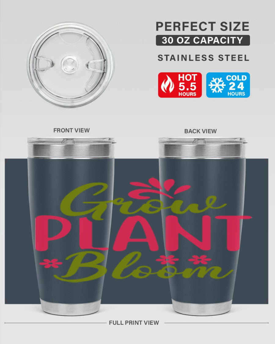 Grow Plant Bloom 149# 20oz Tumbler in stainless steel with a vibrant design, featuring a press-in lid and double wall vacuum insulation.