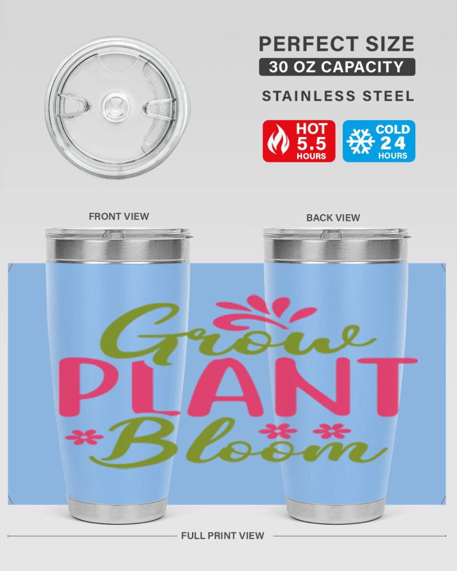 Grow Plant Bloom 149# 20oz Tumbler in stainless steel with a vibrant design, featuring a press-in lid and double wall vacuum insulation.