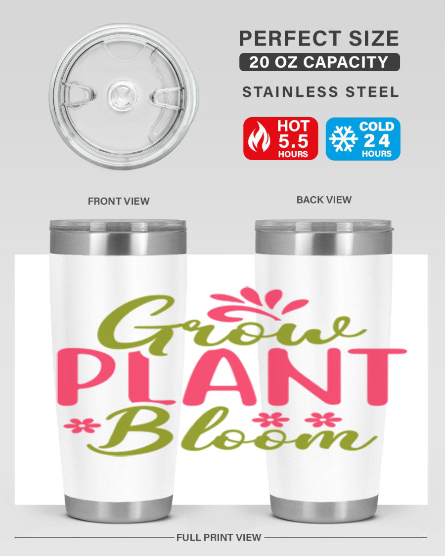 Grow Plant Bloom 149# 20oz Tumbler in stainless steel with a vibrant design, featuring a press-in lid and double wall vacuum insulation.