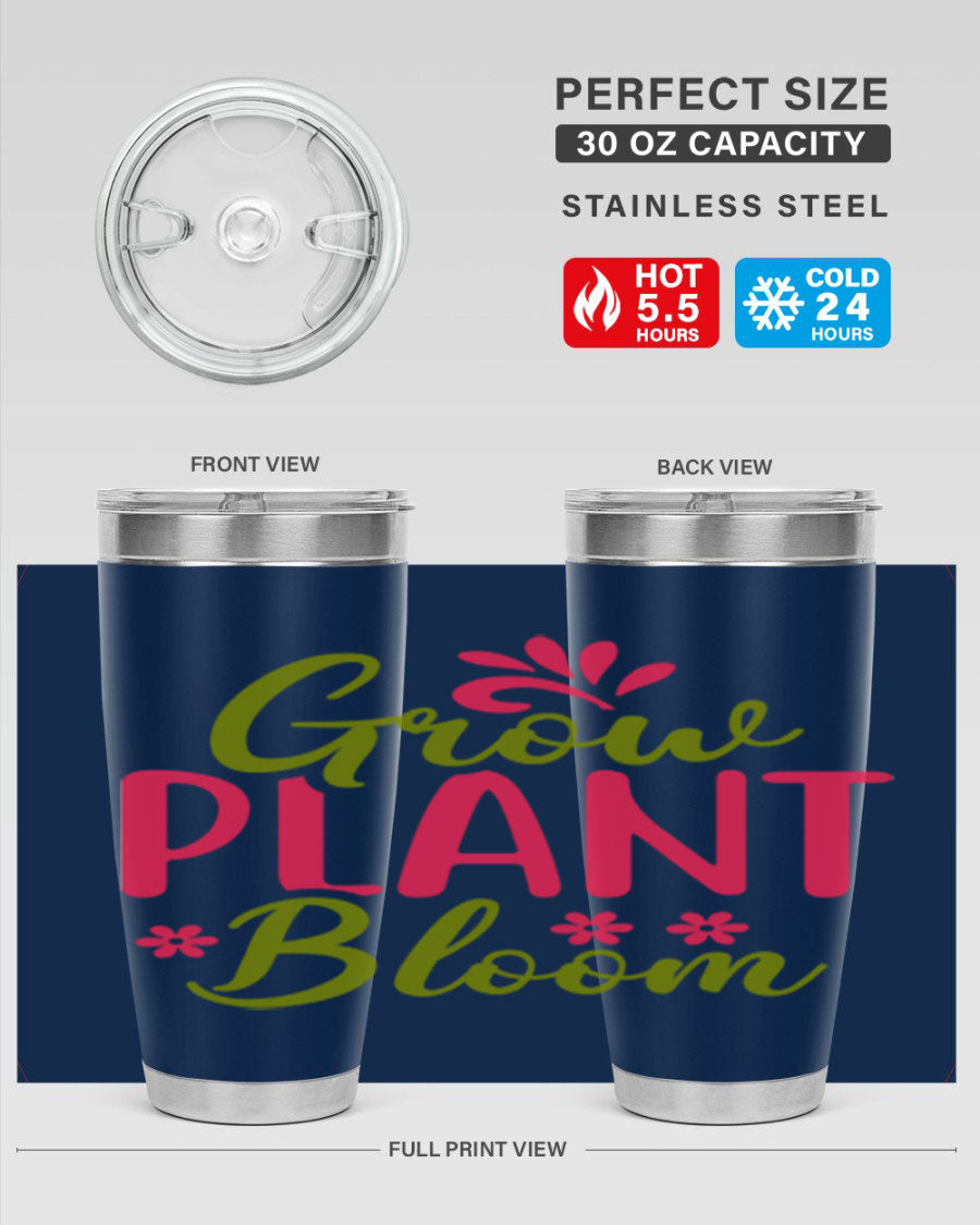 Grow Plant Bloom 149# 20oz Tumbler in stainless steel with a vibrant design, featuring a press-in lid and double wall vacuum insulation.
