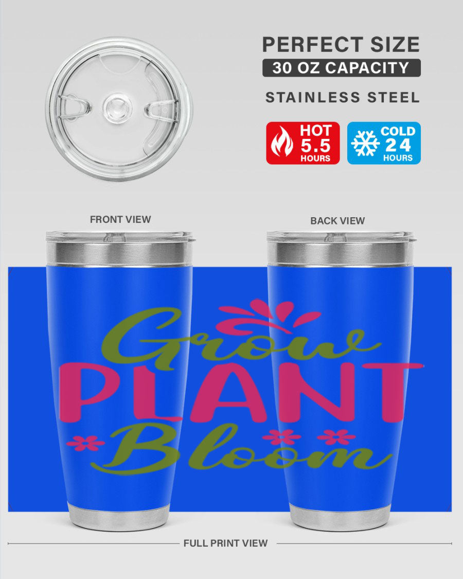 Grow Plant Bloom 149# 20oz Tumbler in stainless steel with a vibrant design, featuring a press-in lid and double wall vacuum insulation.