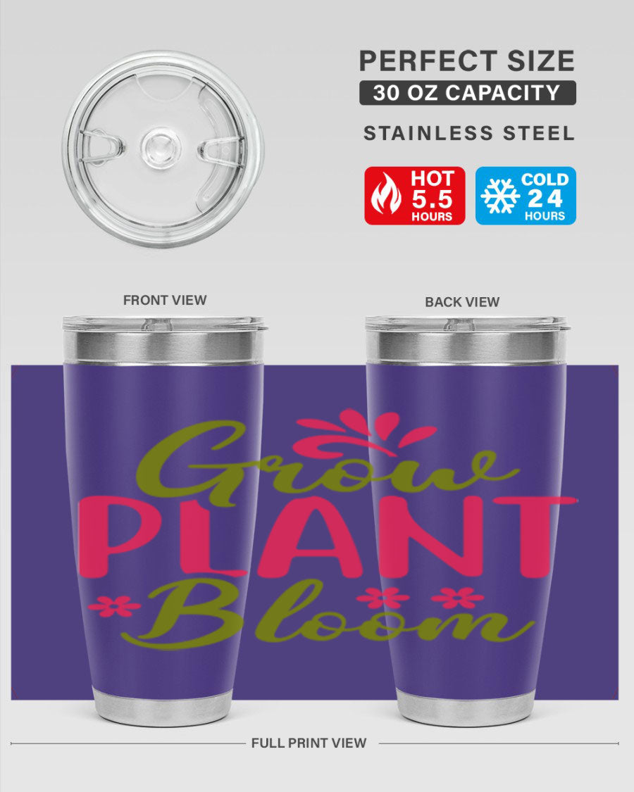 Grow Plant Bloom 149# 20oz Tumbler in stainless steel with a vibrant design, featuring a press-in lid and double wall vacuum insulation.