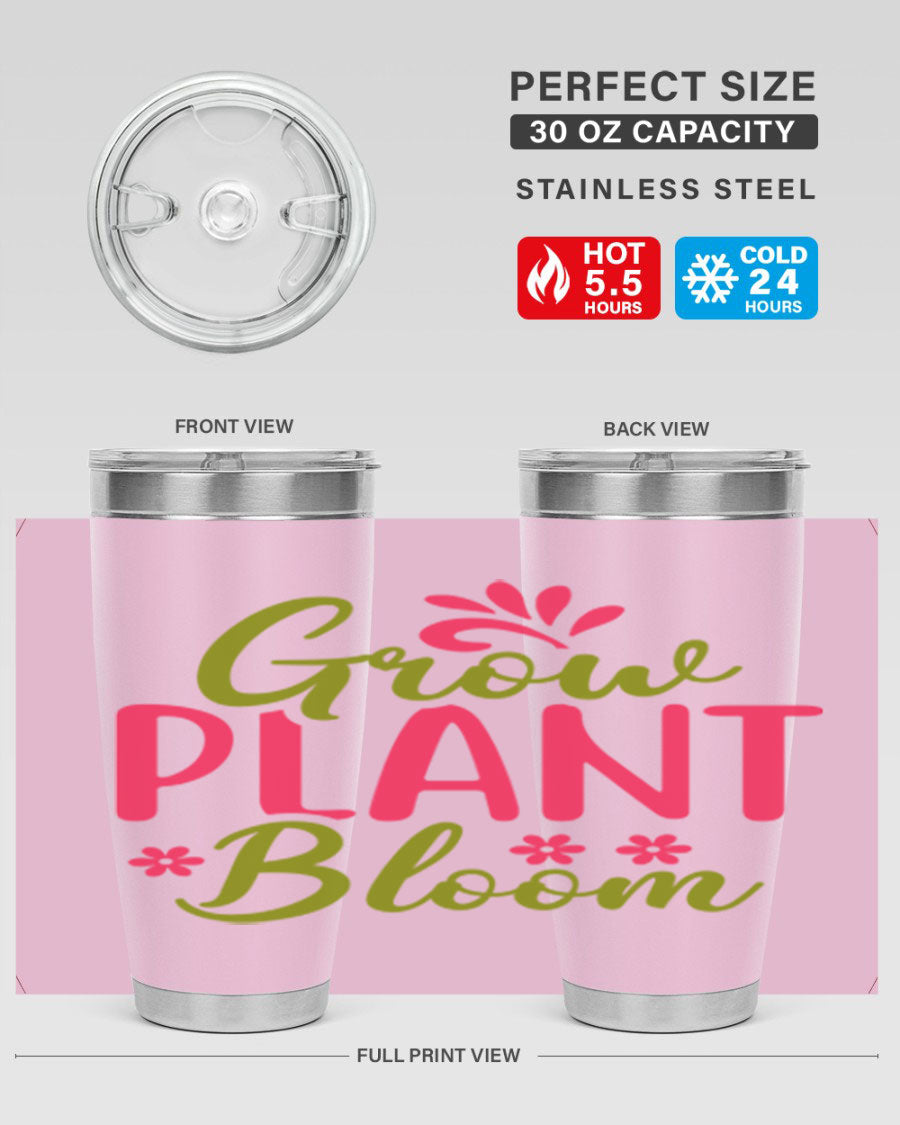 Grow Plant Bloom 149# 20oz Tumbler in stainless steel with a vibrant design, featuring a press-in lid and double wall vacuum insulation.