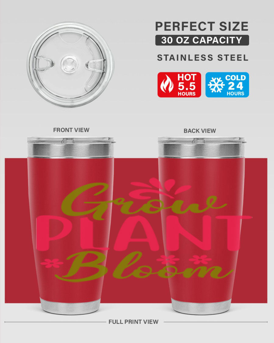 Grow Plant Bloom 149# 20oz Tumbler in stainless steel with a vibrant design, featuring a press-in lid and double wall vacuum insulation.
