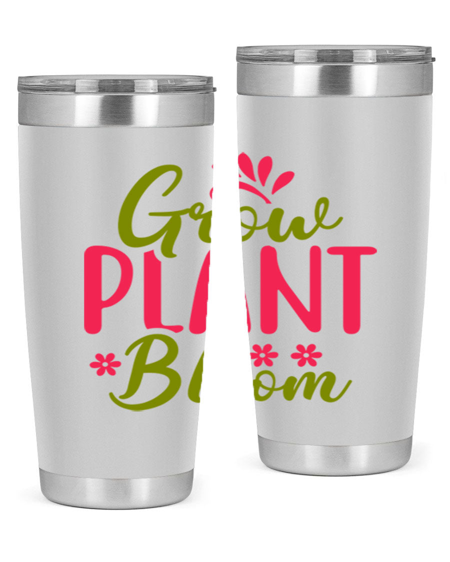 Grow Plant Bloom 149# 20oz Tumbler in stainless steel with a vibrant design, featuring a press-in lid and double wall vacuum insulation.