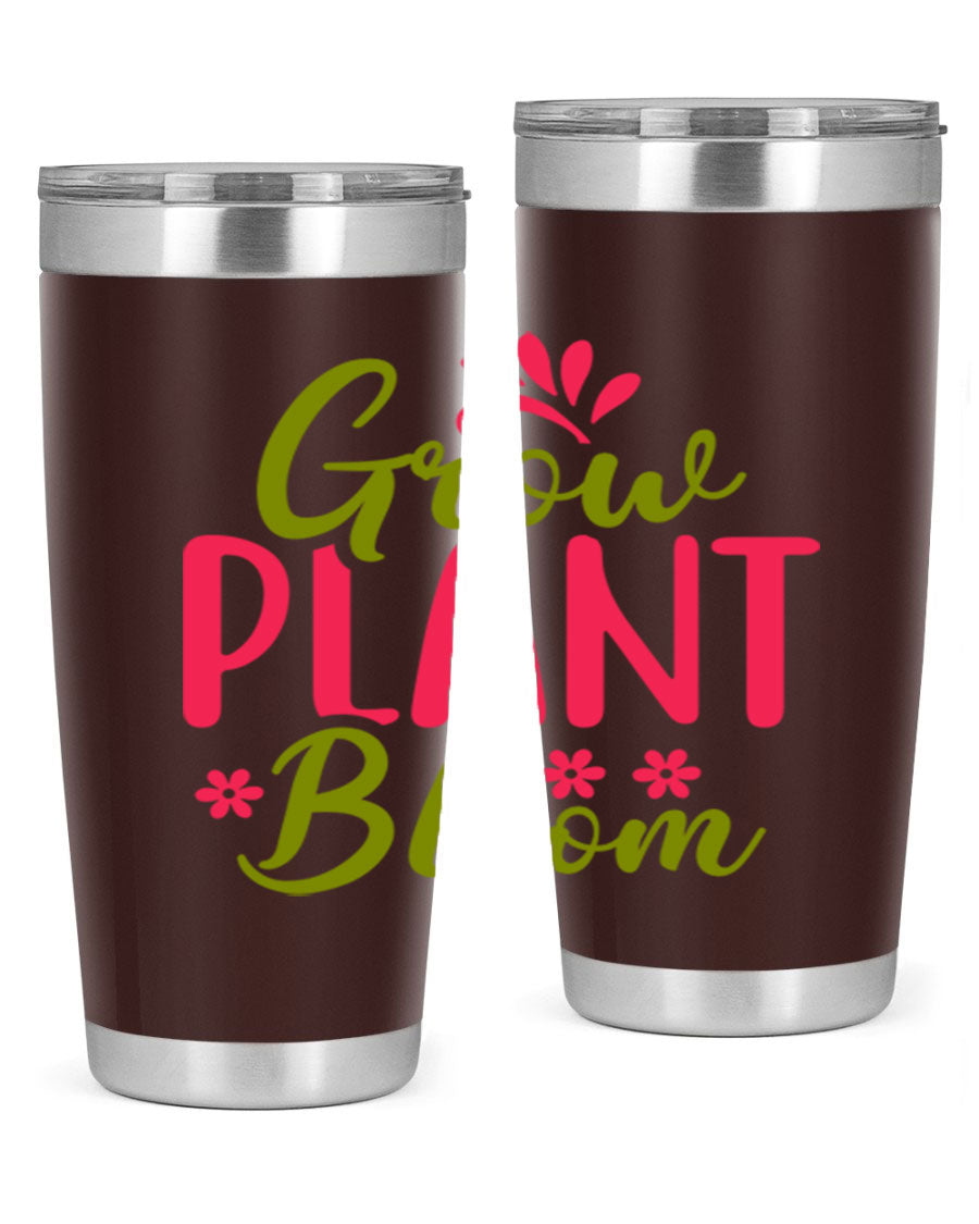 Grow Plant Bloom 149# 20oz Tumbler in stainless steel with a vibrant design, featuring a press-in lid and double wall vacuum insulation.