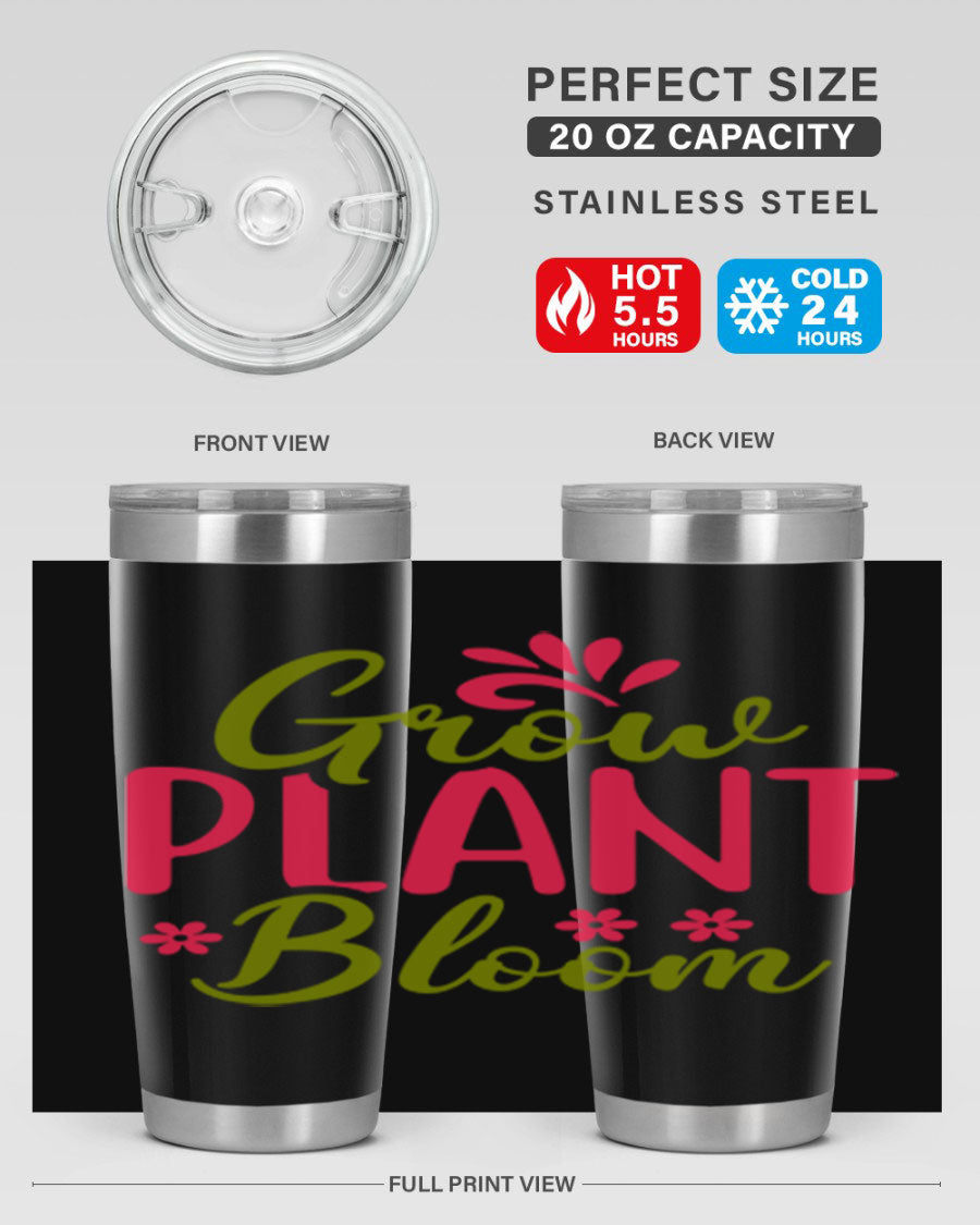 Grow Plant Bloom 149# 20oz Tumbler in stainless steel with a vibrant design, featuring a press-in lid and double wall vacuum insulation.