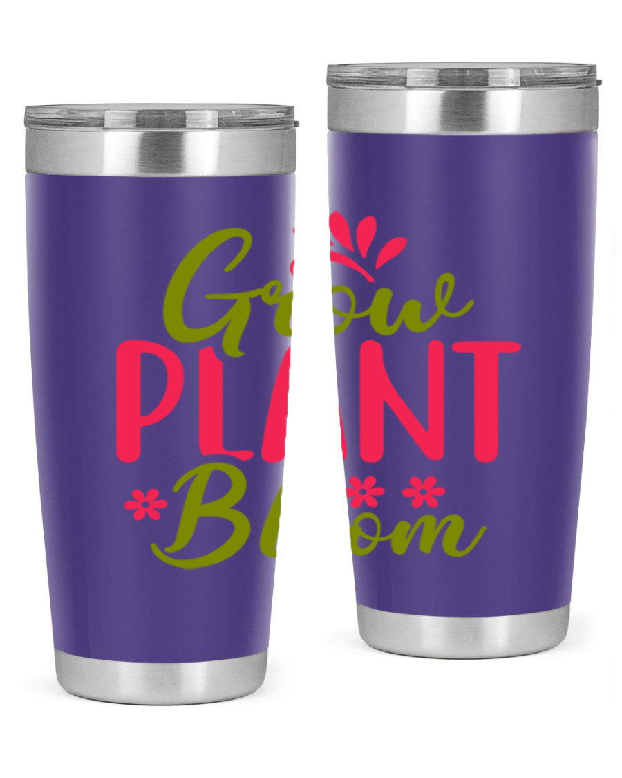 Grow Plant Bloom 149# 20oz Tumbler in stainless steel with a vibrant design, featuring a press-in lid and double wall vacuum insulation.