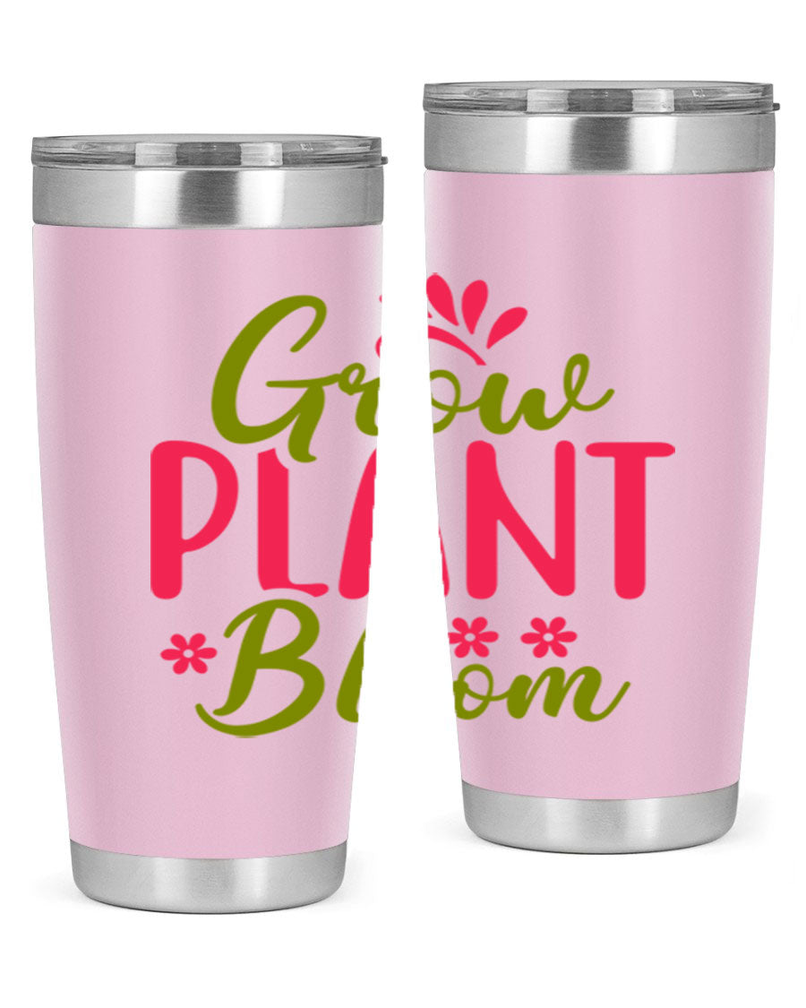 Grow Plant Bloom 149# 20oz Tumbler in stainless steel with a vibrant design, featuring a press-in lid and double wall vacuum insulation.