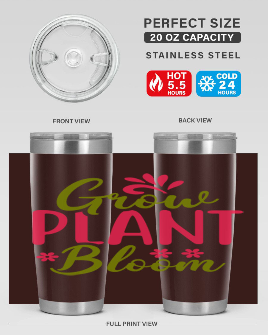 Grow Plant Bloom 149# 20oz Tumbler in stainless steel with a vibrant design, featuring a press-in lid and double wall vacuum insulation.