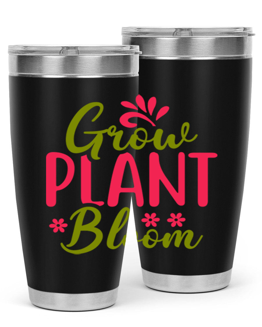 Grow Plant Bloom 149# 20oz Tumbler in stainless steel with a vibrant design, featuring a press-in lid and double wall vacuum insulation.