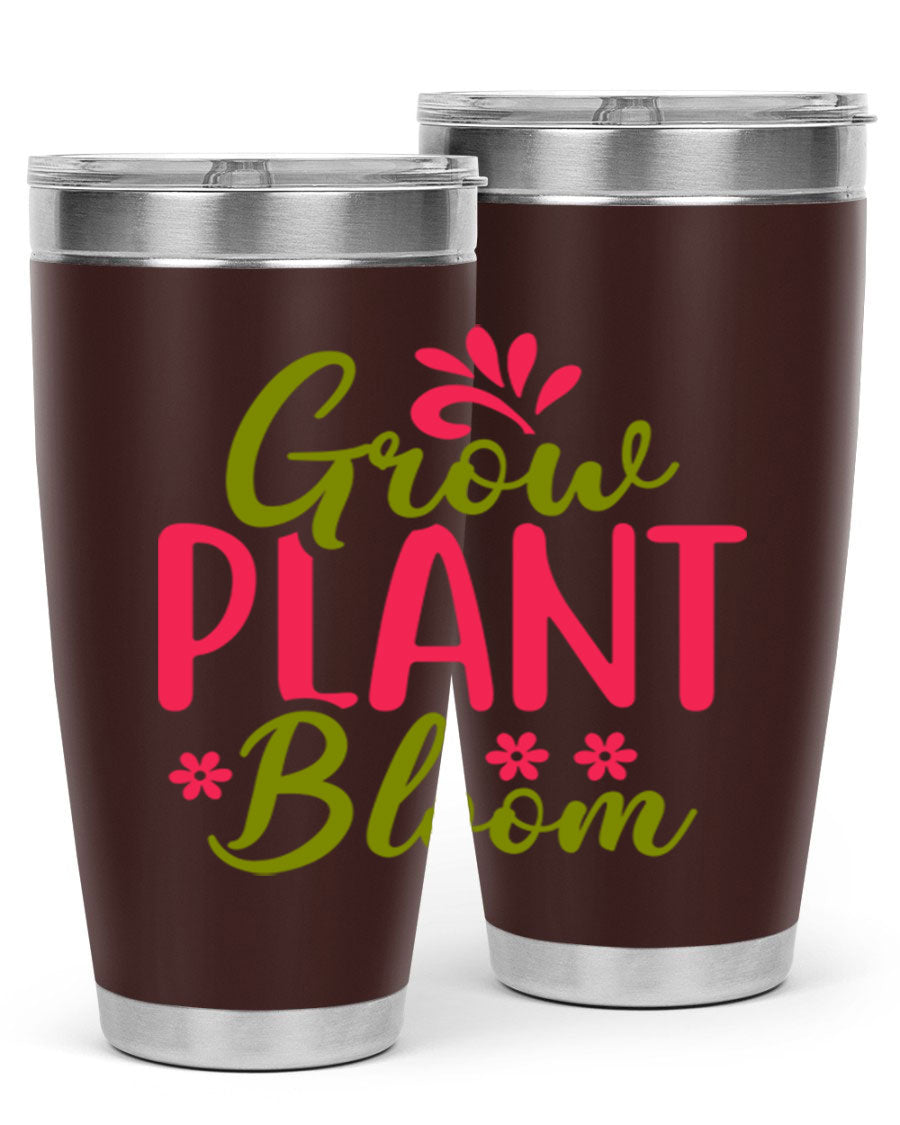 Grow Plant Bloom 149# 20oz Tumbler in stainless steel with a vibrant design, featuring a press-in lid and double wall vacuum insulation.