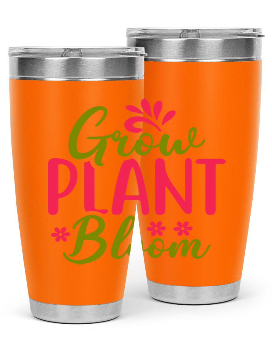 Grow Plant Bloom 149# 20oz Tumbler in stainless steel with a vibrant design, featuring a press-in lid and double wall vacuum insulation.