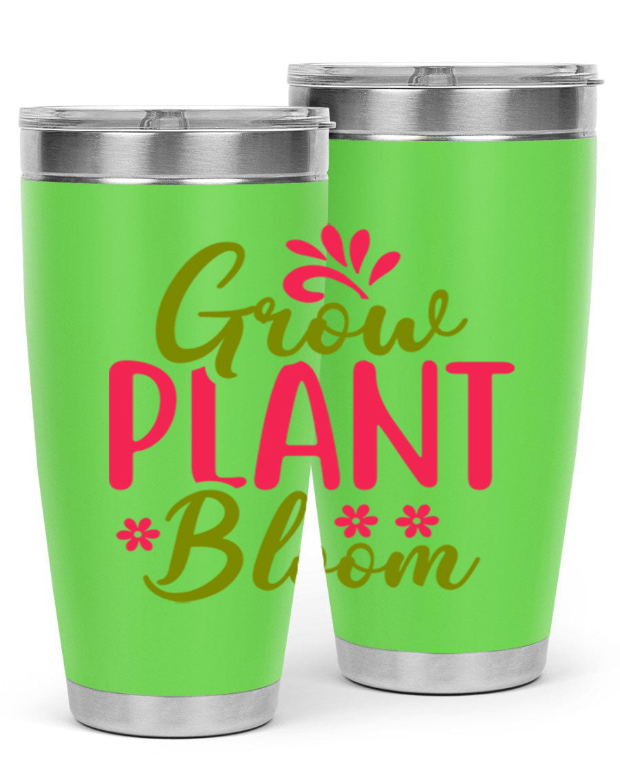 Grow Plant Bloom 149# 20oz Tumbler in stainless steel with a vibrant design, featuring a press-in lid and double wall vacuum insulation.