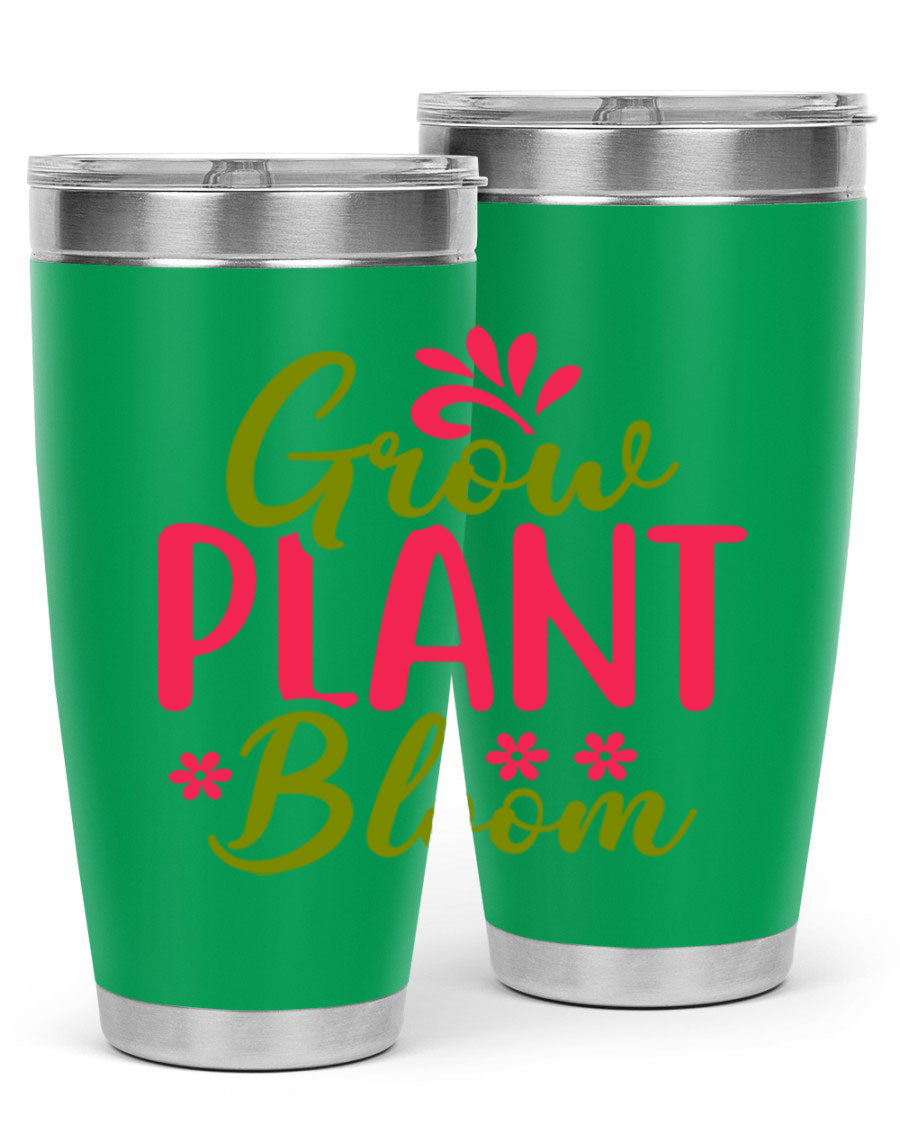 Grow Plant Bloom 149# 20oz Tumbler in stainless steel with a vibrant design, featuring a press-in lid and double wall vacuum insulation.