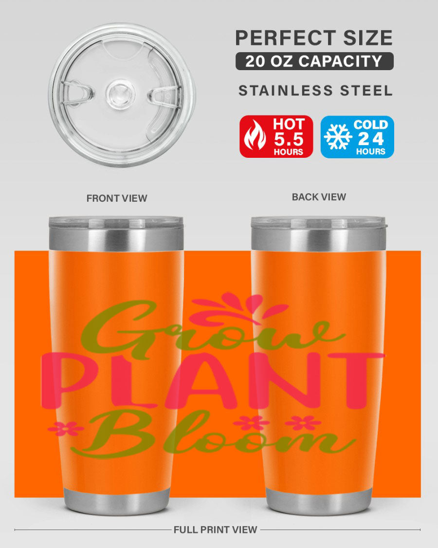 Grow Plant Bloom 149# 20oz Tumbler in stainless steel with a vibrant design, featuring a press-in lid and double wall vacuum insulation.
