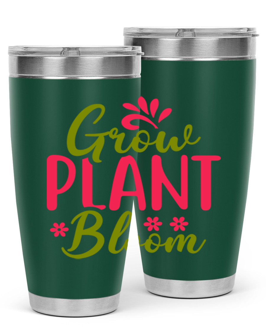 Grow Plant Bloom 149# 20oz Tumbler in stainless steel with a vibrant design, featuring a press-in lid and double wall vacuum insulation.