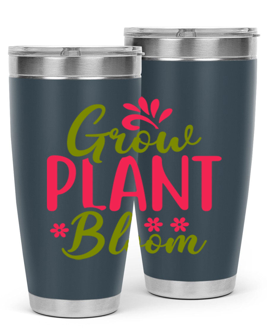 Grow Plant Bloom 149# 20oz Tumbler in stainless steel with a vibrant design, featuring a press-in lid and double wall vacuum insulation.