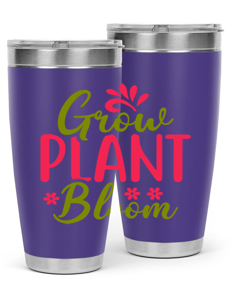 Grow Plant Bloom 149# 20oz Tumbler in stainless steel with a vibrant design, featuring a press-in lid and double wall vacuum insulation.