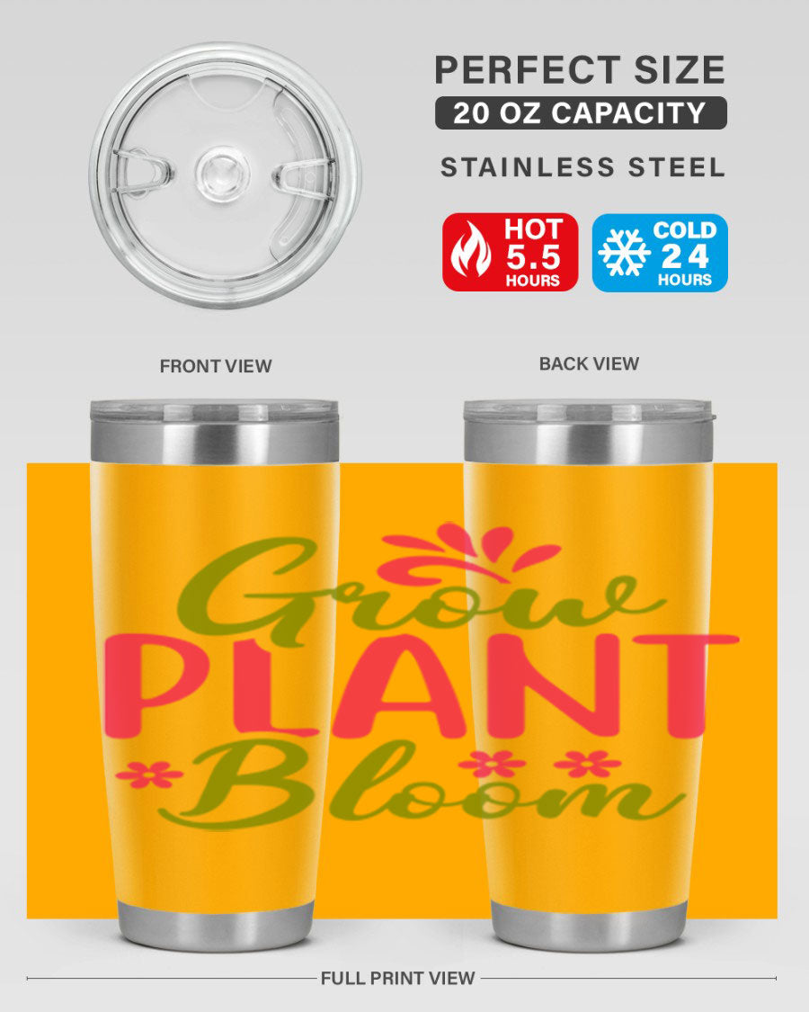 Grow Plant Bloom 149# 20oz Tumbler in stainless steel with a vibrant design, featuring a press-in lid and double wall vacuum insulation.