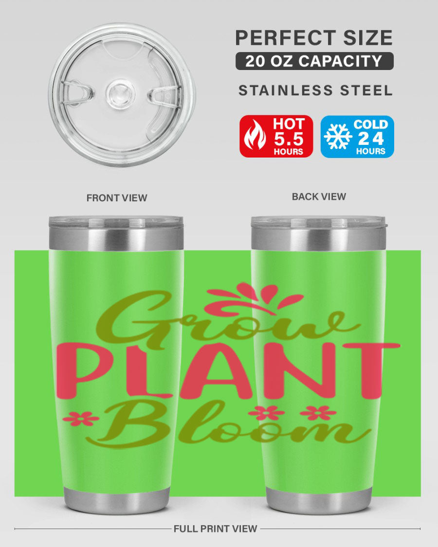 Grow Plant Bloom 149# 20oz Tumbler in stainless steel with a vibrant design, featuring a press-in lid and double wall vacuum insulation.