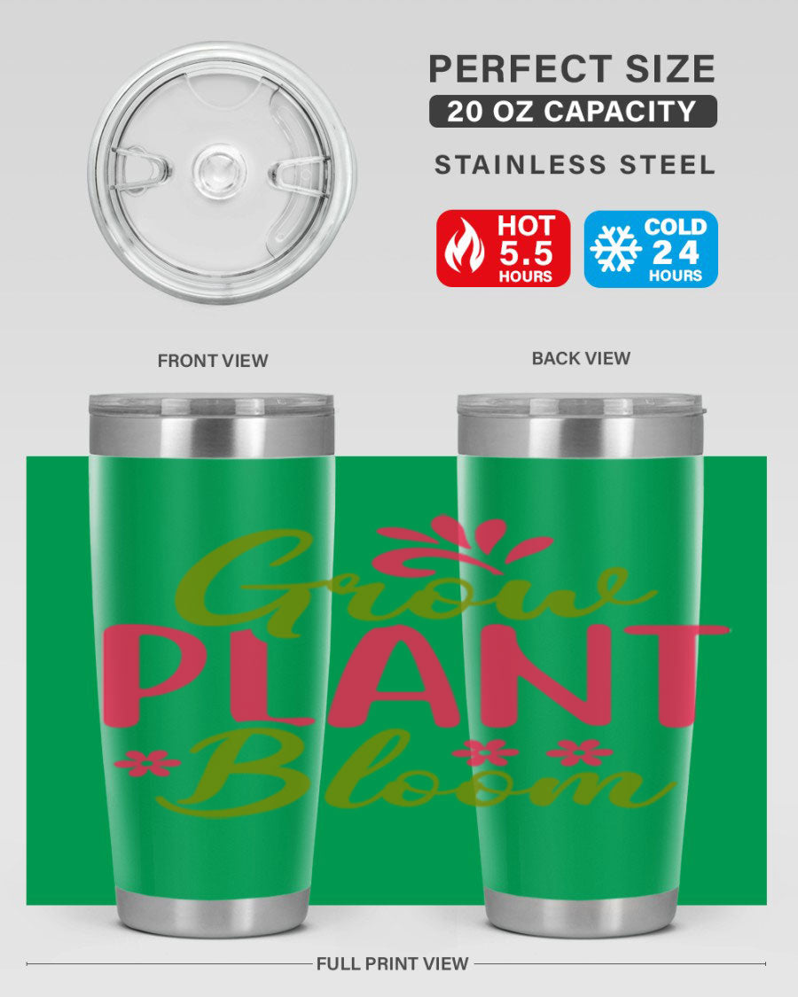 Grow Plant Bloom 149# 20oz Tumbler in stainless steel with a vibrant design, featuring a press-in lid and double wall vacuum insulation.