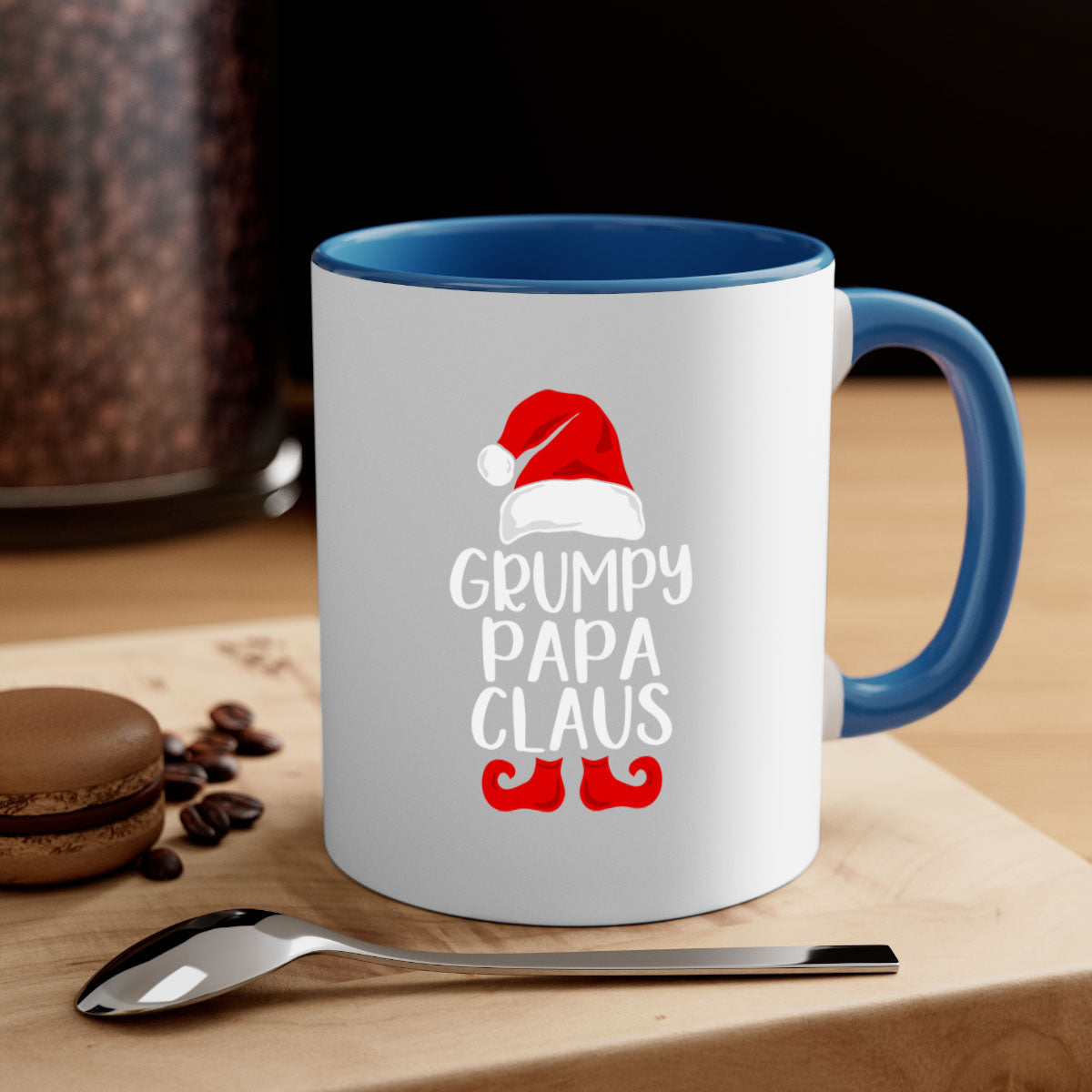 Grumpy Papa Claus style Christmas mug with a glossy finish, featuring a colored handle and interior, perfect for coffee or tea.