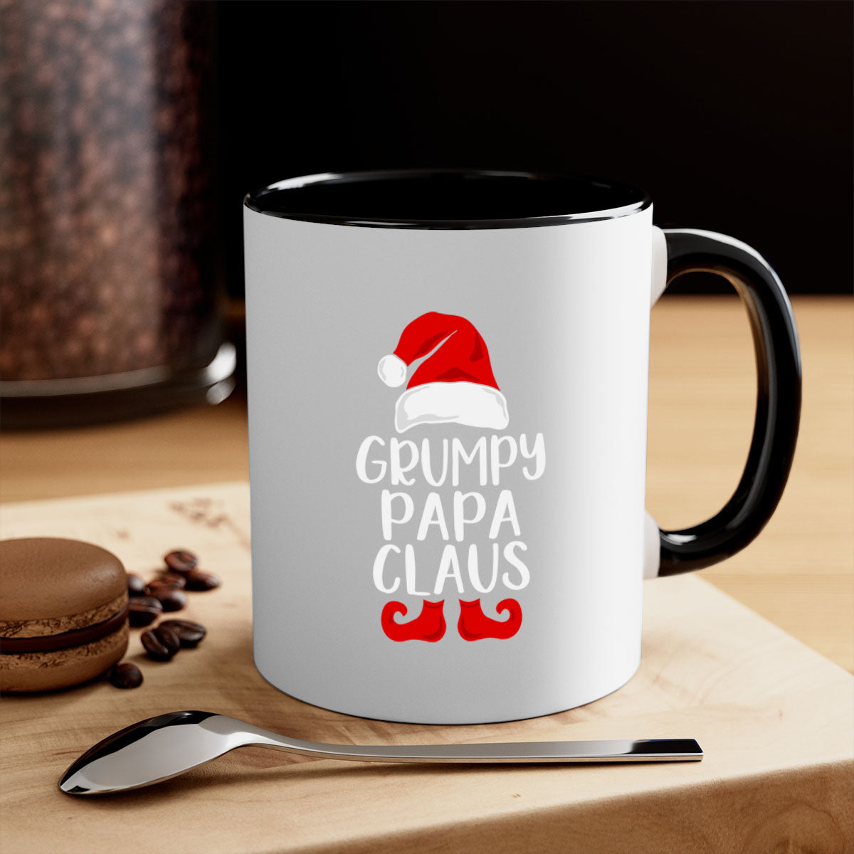 Grumpy Papa Claus style Christmas mug with a glossy finish, featuring a colored handle and interior, perfect for coffee or tea.