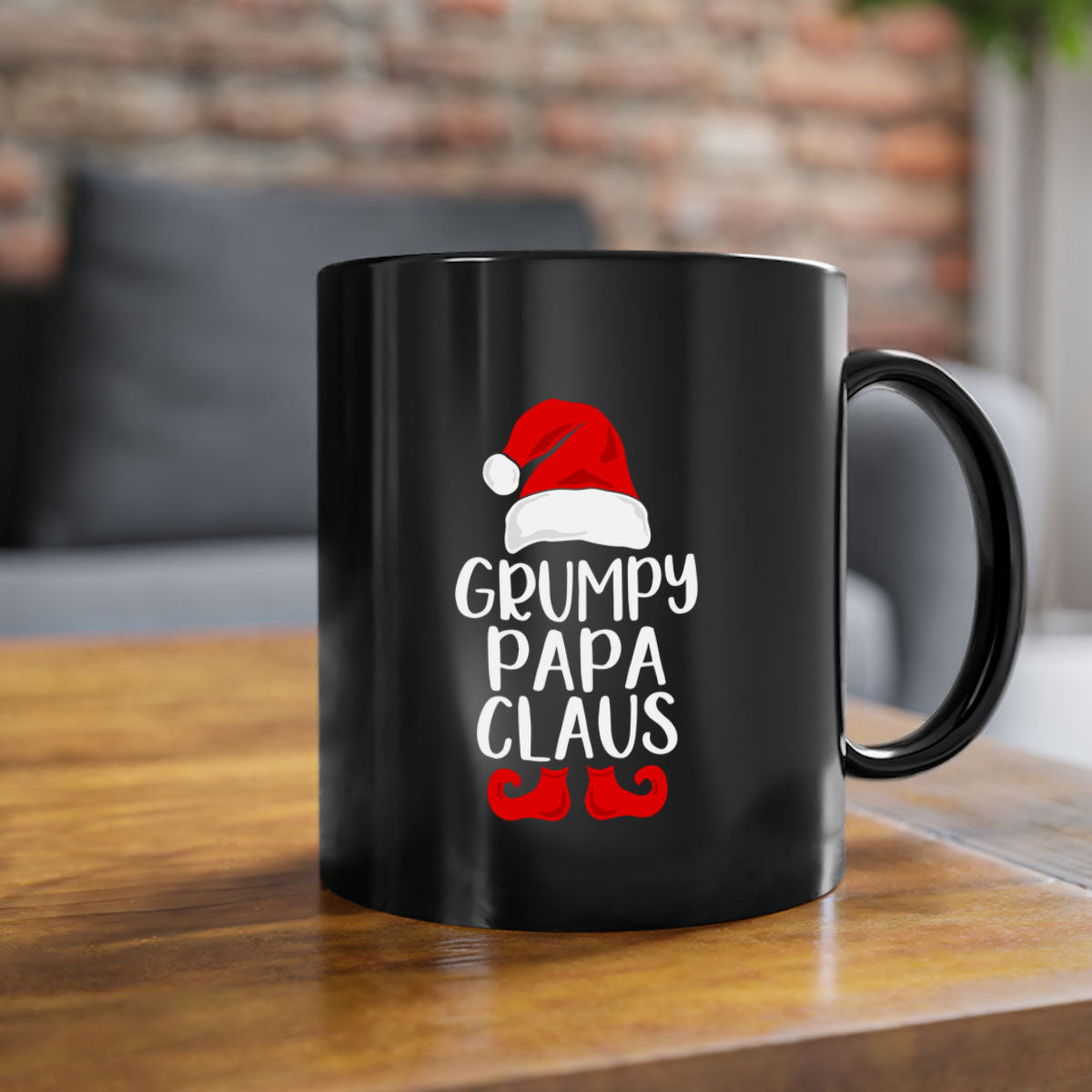 Grumpy Papa Claus style Christmas mug with a glossy finish, featuring a colored handle and interior, perfect for coffee or tea.