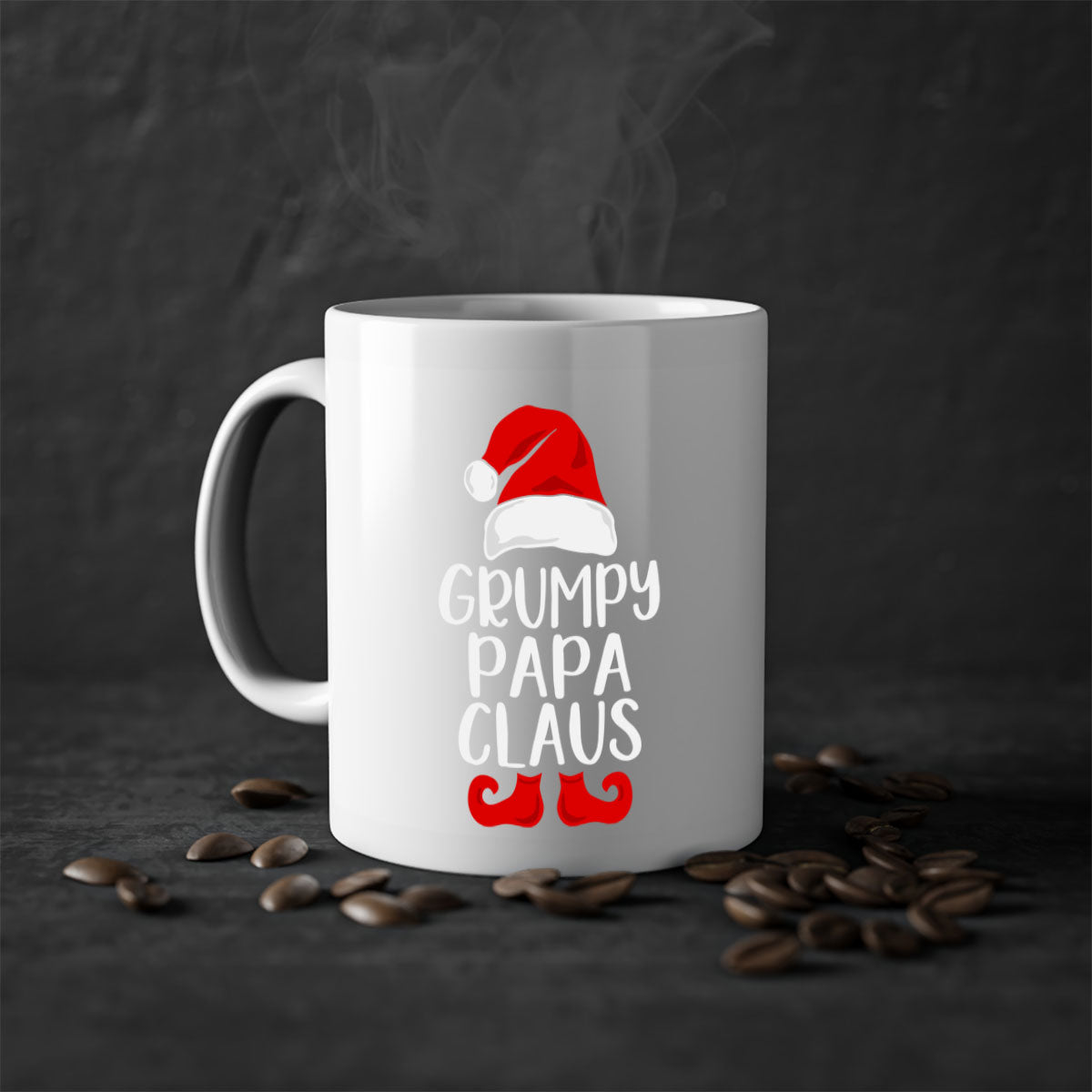 GrumpyPapaClaus style 12# Christmas mug with a colorful handle and glossy finish, perfect for coffee and tea lovers.