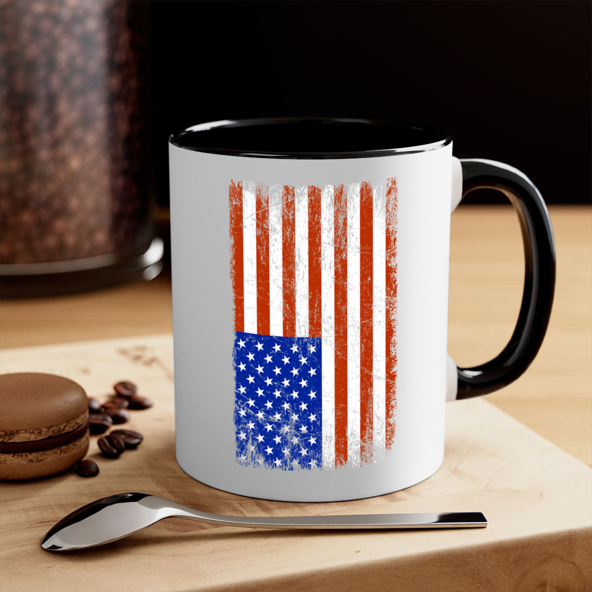 Grunge Flag 52# Mug featuring a glossy finish, colored handle, and interior, available in multiple colors and sizes.